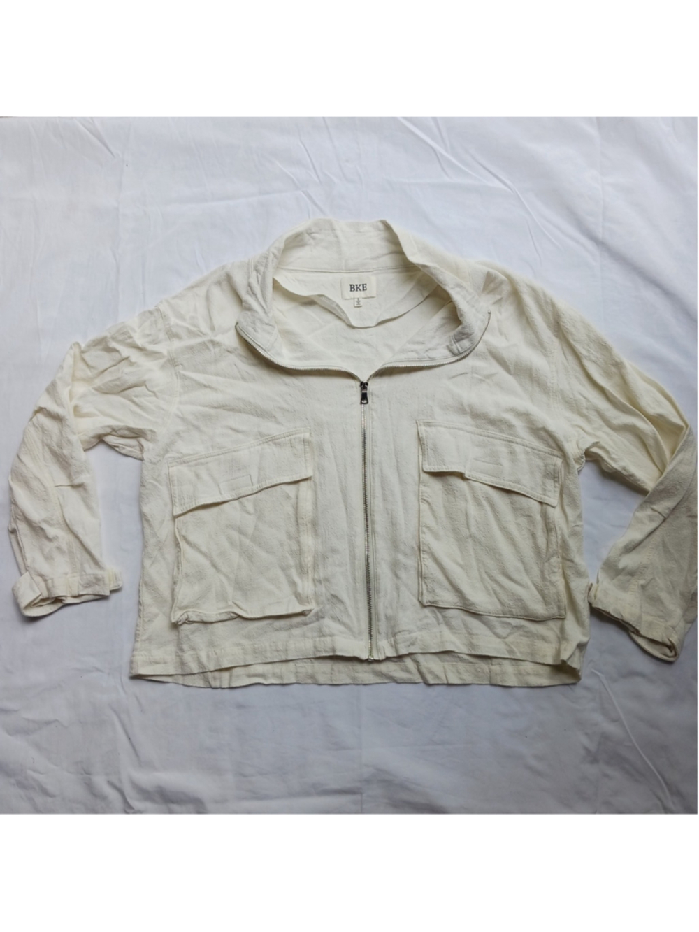 BKE Women Large Off White Full Zip Linen Blend Jacket Boathouse
